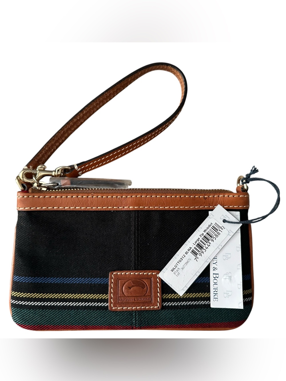 Dooney & Bourke Black & Tartan Stripe Large Zip Wristlet – NWT